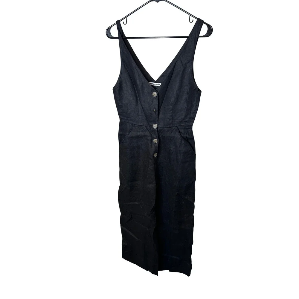 Reformation Black Linen Button Front V-Neck Wide Leg Jumpsuit Womens Size‎ 4